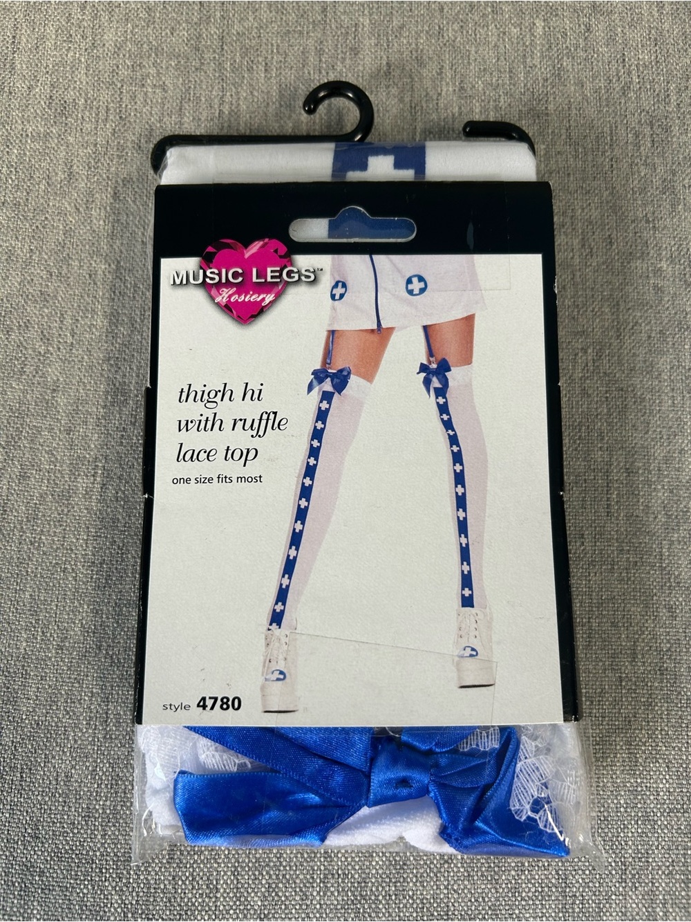 Music Legs White Thigh-High Socks with Blue Ribbon